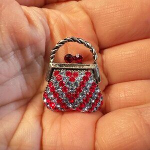 Purse Brooch – Vintage Red Rhinestone Handbag Pin Silver Tone